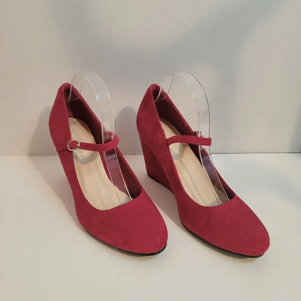 Coutgo Women’s Size 10 Red Mary Jane Wedge Heels Faux Suede Shoes
